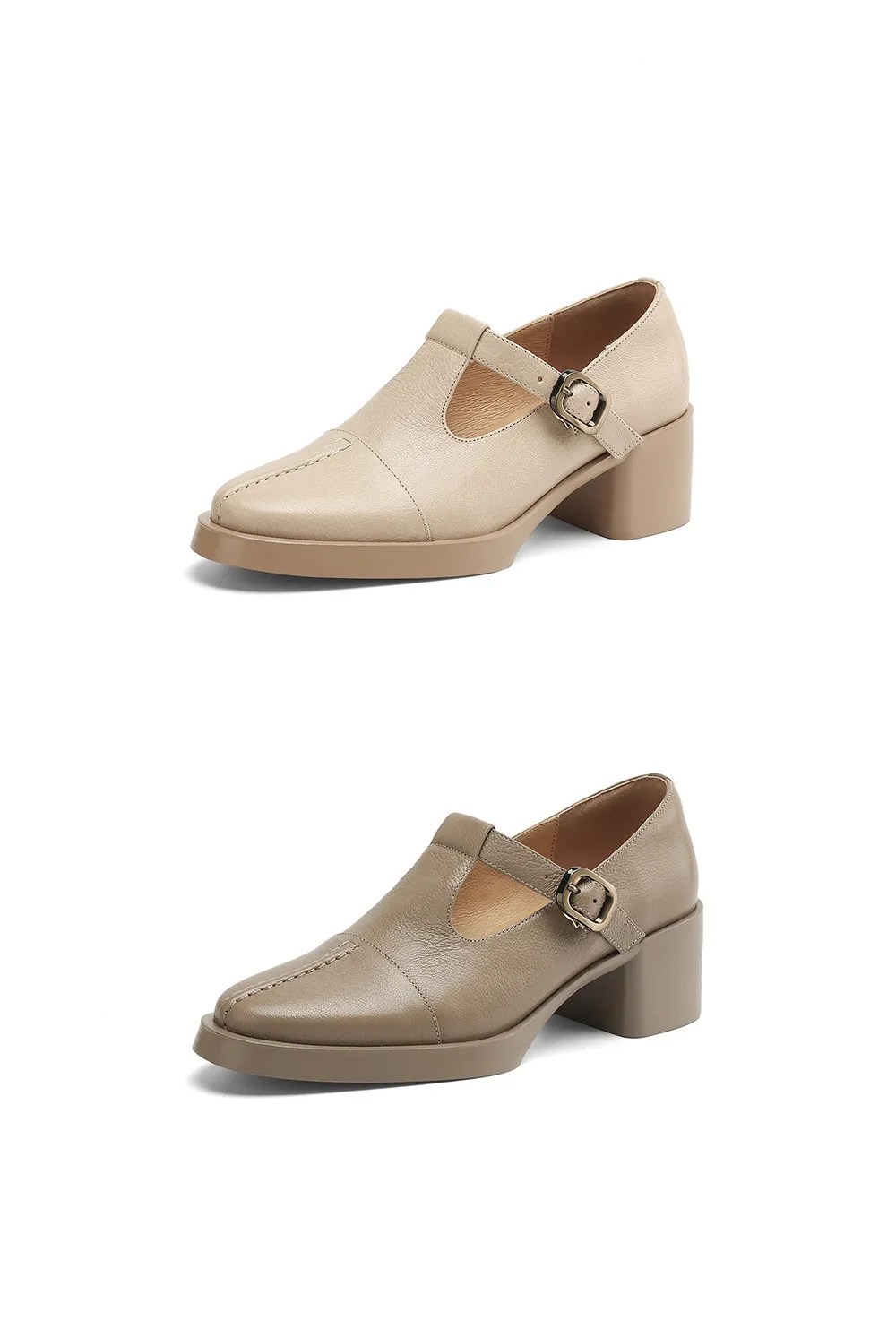 Spring/Summer Women's Round Toe Chunky Heel High Heel Buckle Shoes Comfortable and Soft Sheepskin Women's Shoes