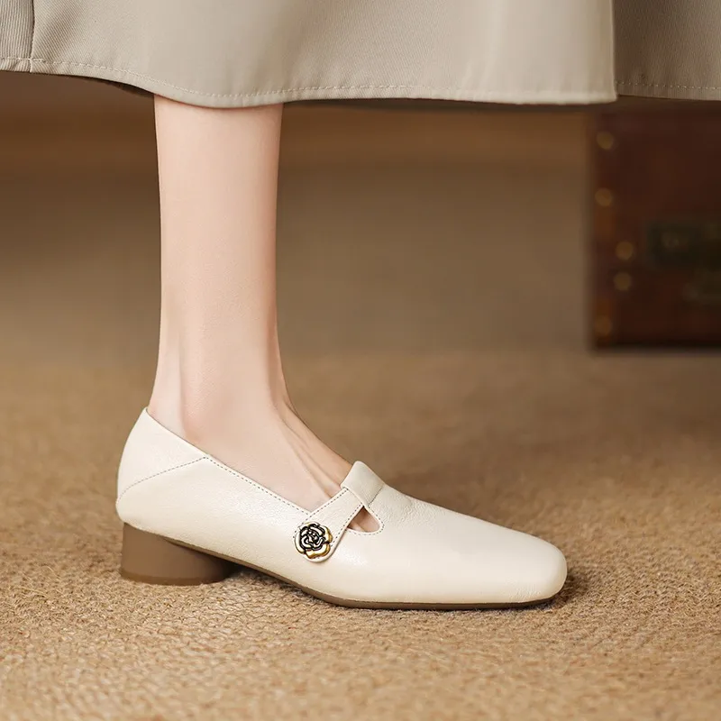 Spring Women's Shoes: Square Toe, Chunky Heel, Low Heel, Comfortable Fashion Shoes in Off-White Sheepskin