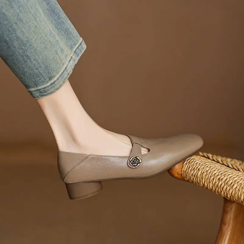 Spring Women's Shoes: Square Toe, Chunky Heel, Low Heel, Comfortable Fashion Shoes in Off-White Sheepskin