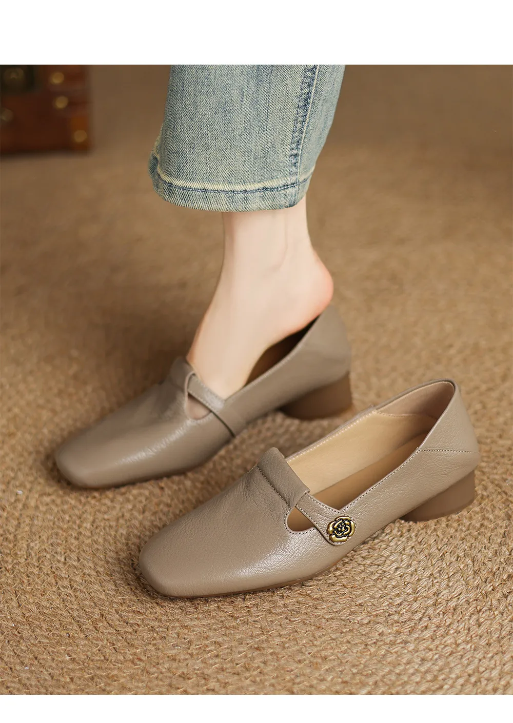 Spring Women's Shoes: Square Toe, Chunky Heel, Low Heel, Comfortable Fashion Shoes in Off-White Sheepskin