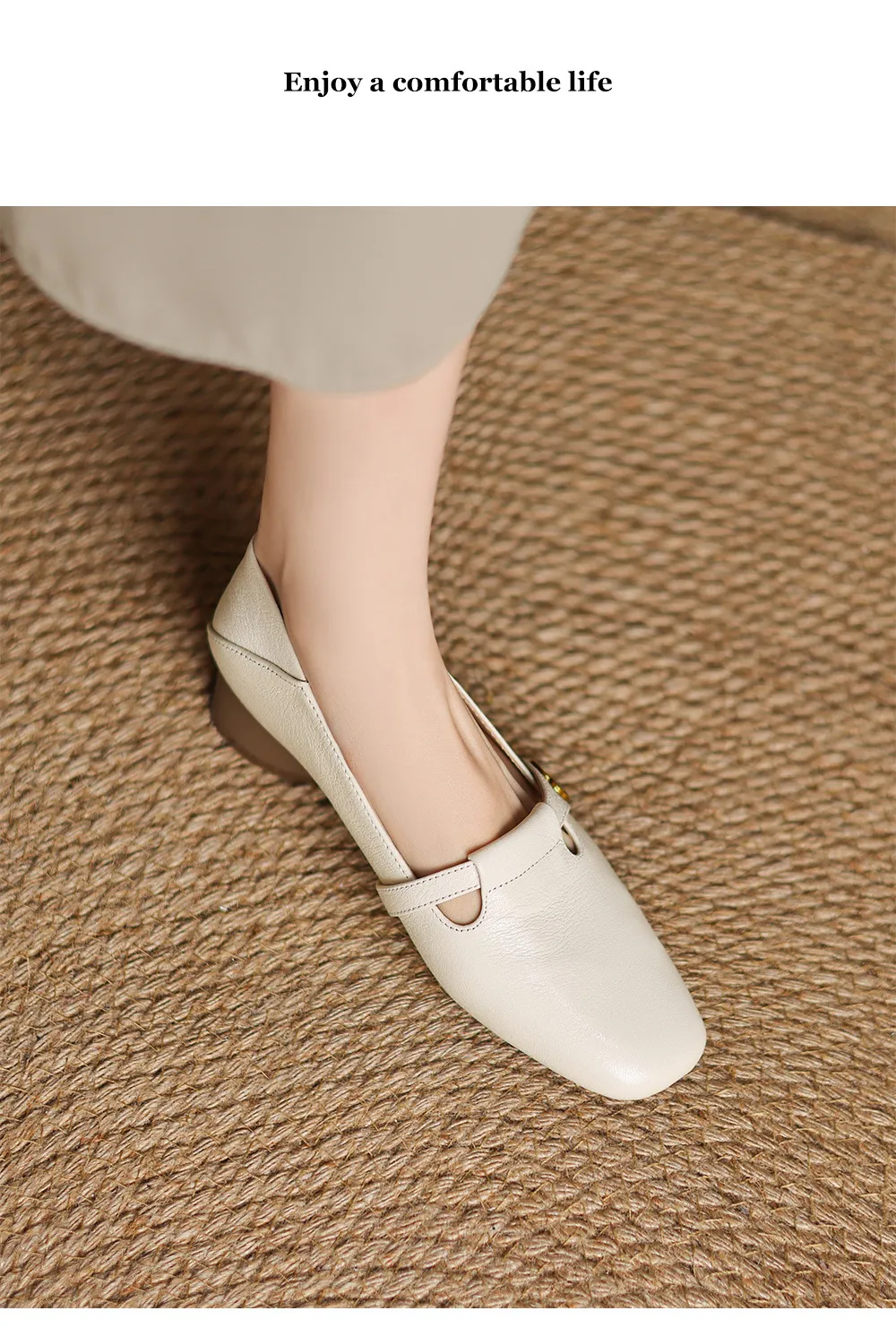 Spring Women's Shoes: Square Toe, Chunky Heel, Low Heel, Comfortable Fashion Shoes in Off-White Sheepskin