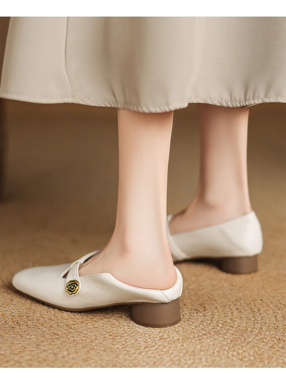 Spring Women's Shoes: Square Toe, Chunky Heel, Low Heel, Comfortable Fashion Shoes in Off-White Sheepskin