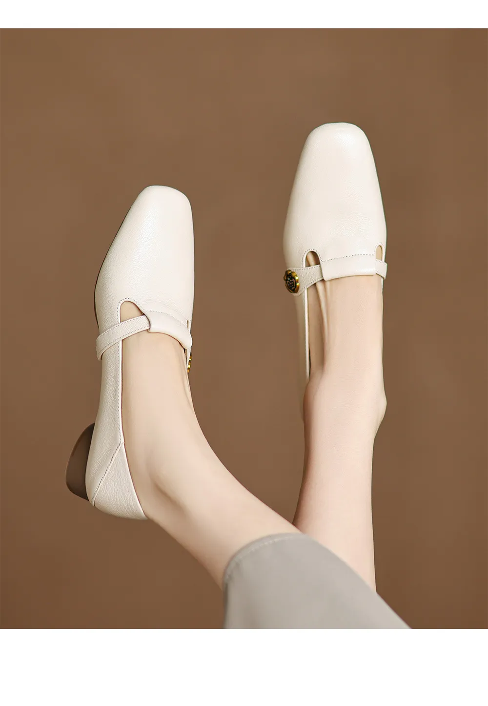 Spring Women's Shoes: Square Toe, Chunky Heel, Low Heel, Comfortable Fashion Shoes in Off-White Sheepskin