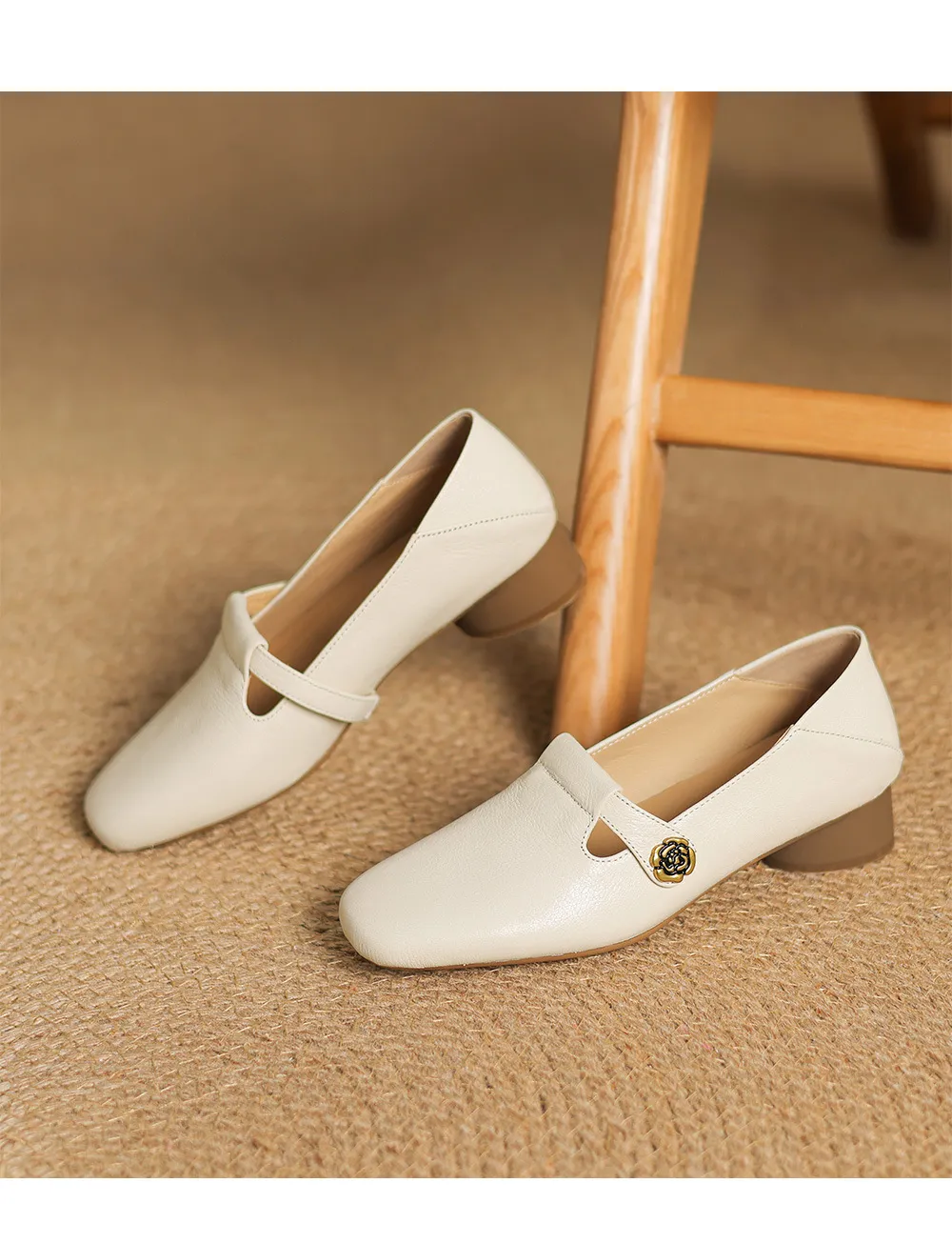 Spring Women's Shoes: Square Toe, Chunky Heel, Low Heel, Comfortable Fashion Shoes in Off-White Sheepskin