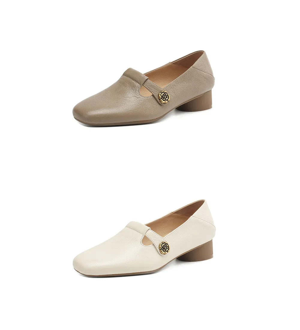 Spring Women's Shoes: Square Toe, Chunky Heel, Low Heel, Comfortable Fashion Shoes in Off-White Sheepskin