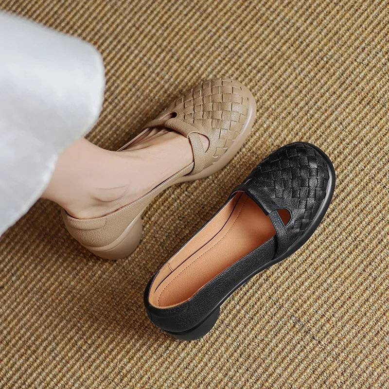 Spring/Summer Round Toe Chunky Heel High-Heeled Single Shoes, Lambskin Fashion Classic Women's Shoes, Black, Apricot