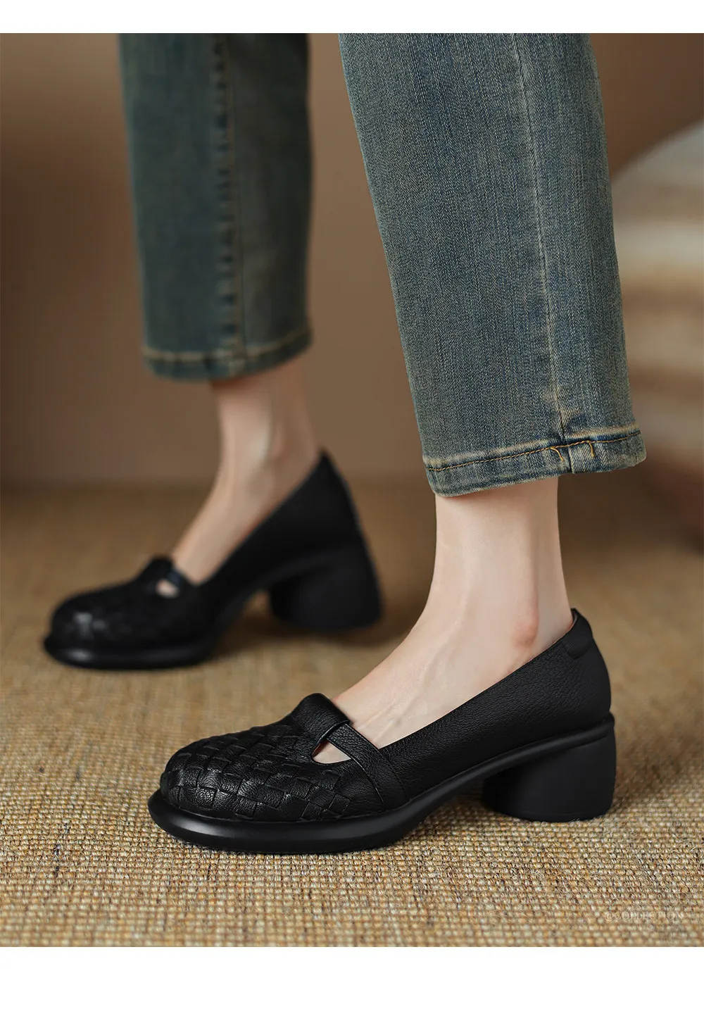 Spring/Summer Round Toe Chunky Heel High-Heeled Single Shoes, Lambskin Fashion Classic Women's Shoes, Black, Apricot