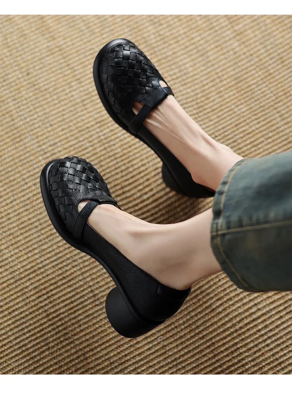 Spring/Summer Round Toe Chunky Heel High-Heeled Single Shoes, Lambskin Fashion Classic Women's Shoes, Black, Apricot
