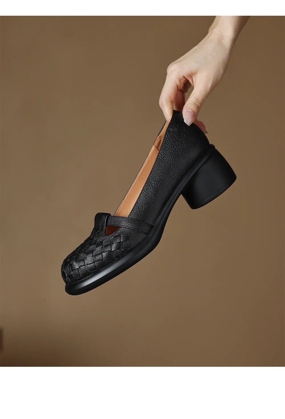 Spring/Summer Round Toe Chunky Heel High-Heeled Single Shoes, Lambskin Fashion Classic Women's Shoes, Black, Apricot