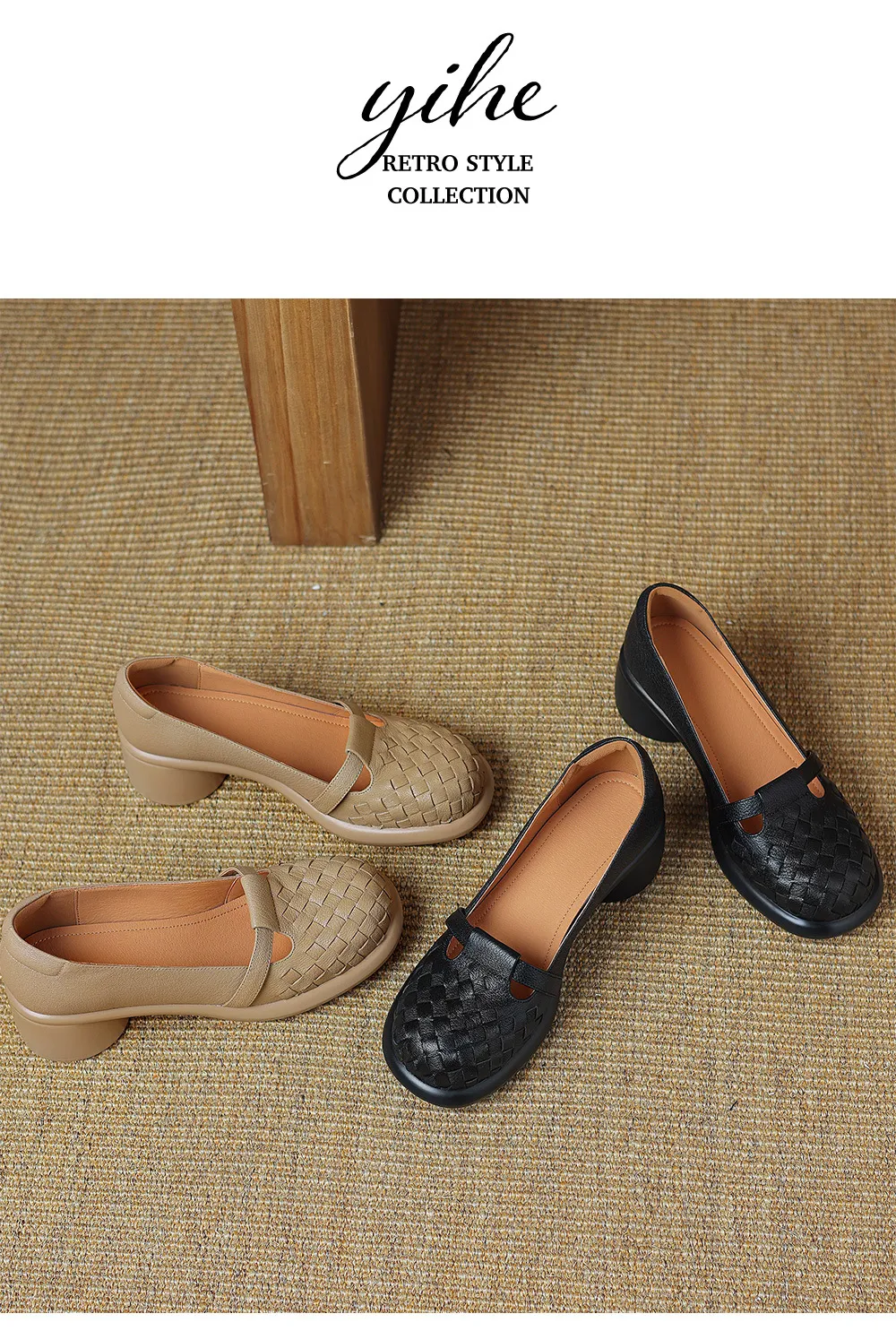 Spring/Summer Round Toe Chunky Heel High-Heeled Single Shoes, Lambskin Fashion Classic Women's Shoes, Black, Apricot
