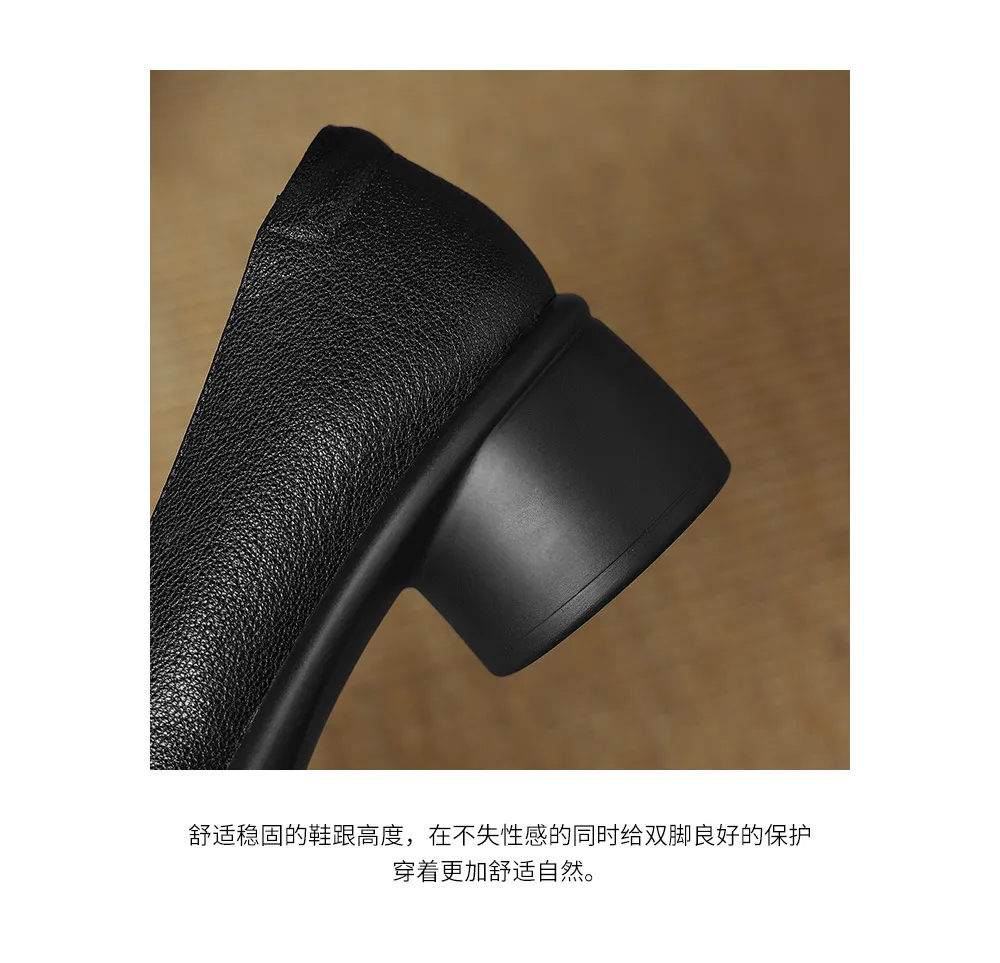 Spring/Summer Round Toe Chunky Heel High-Heeled Single Shoes, Lambskin Fashion Classic Women's Shoes, Black, Apricot