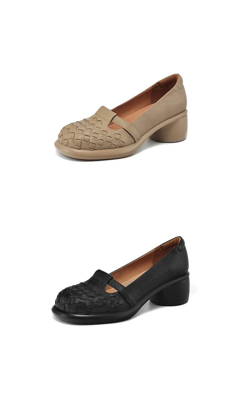 Spring/Summer Round Toe Chunky Heel High-Heeled Single Shoes, Lambskin Fashion Classic Women's Shoes, Black, Apricot