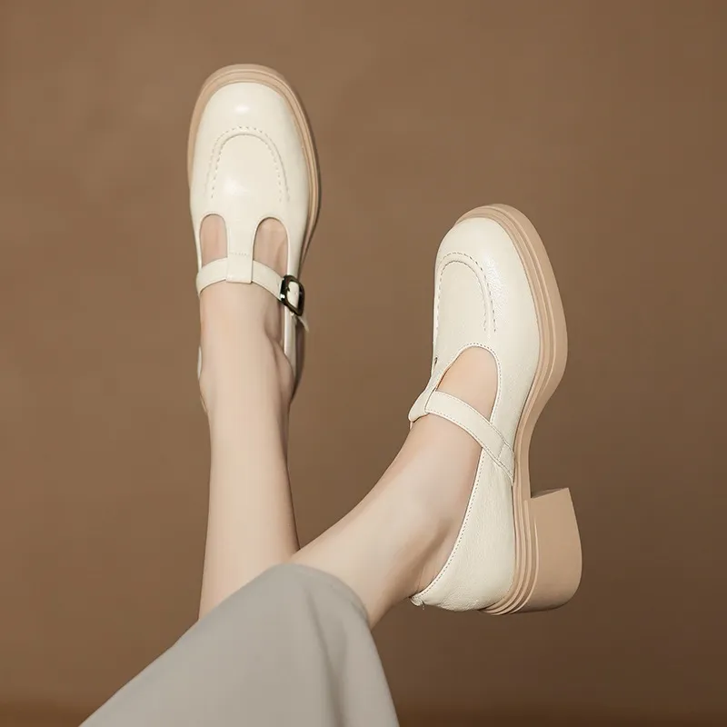 Spring/Summer Round Toe Platform Chunky Heel High-Heel Buckled Flats, Comfortable and Soft Lambskin Fashion Shoes