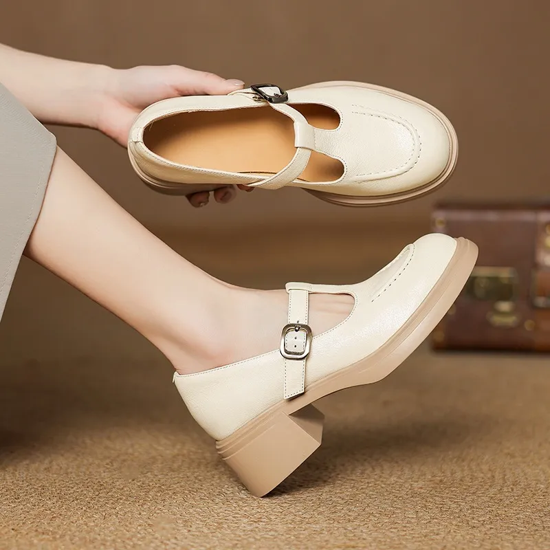 Spring/Summer Round Toe Platform Chunky Heel High-Heel Buckled Flats, Comfortable and Soft Lambskin Fashion Shoes
