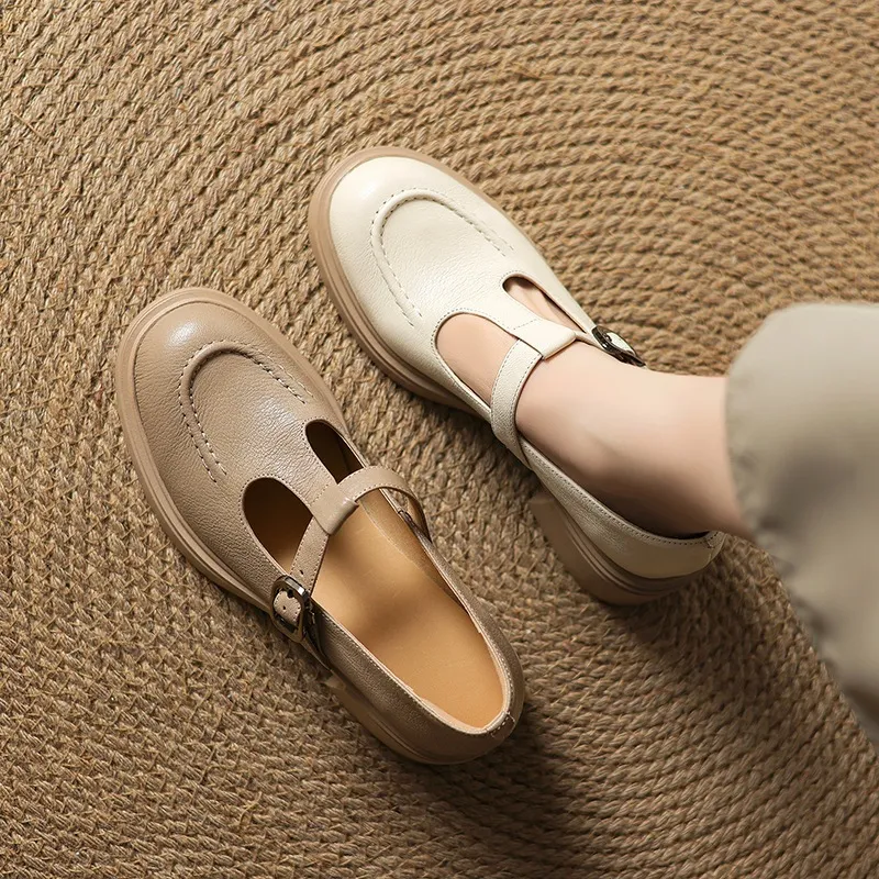 Spring/Summer Round Toe Platform Chunky Heel High-Heel Buckled Flats, Comfortable and Soft Lambskin Fashion Shoes
