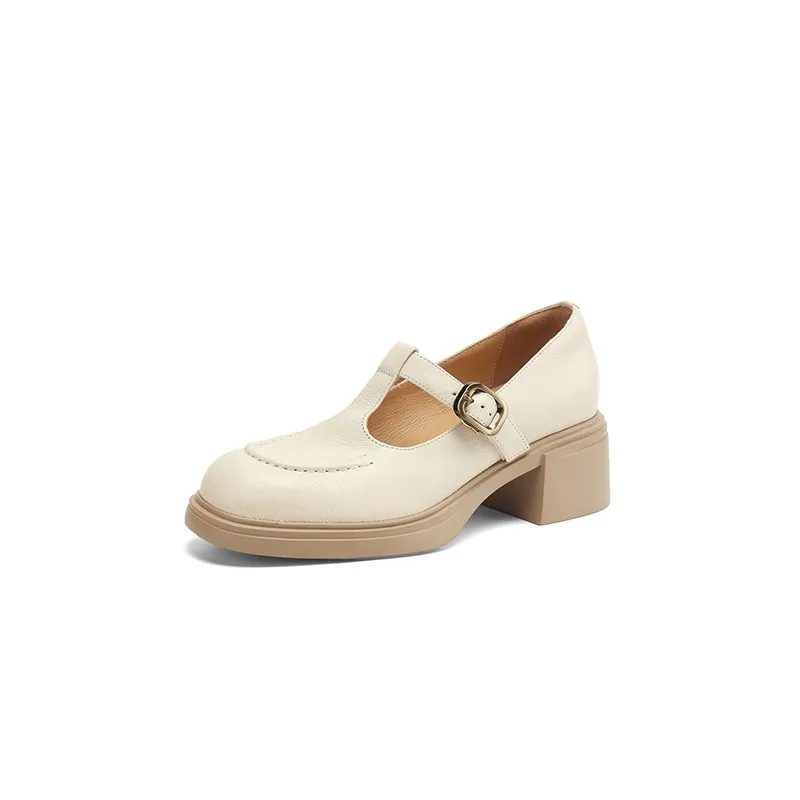Spring/Summer Round Toe Platform Chunky Heel High-Heel Buckled Flats, Comfortable and Soft Lambskin Fashion Shoes