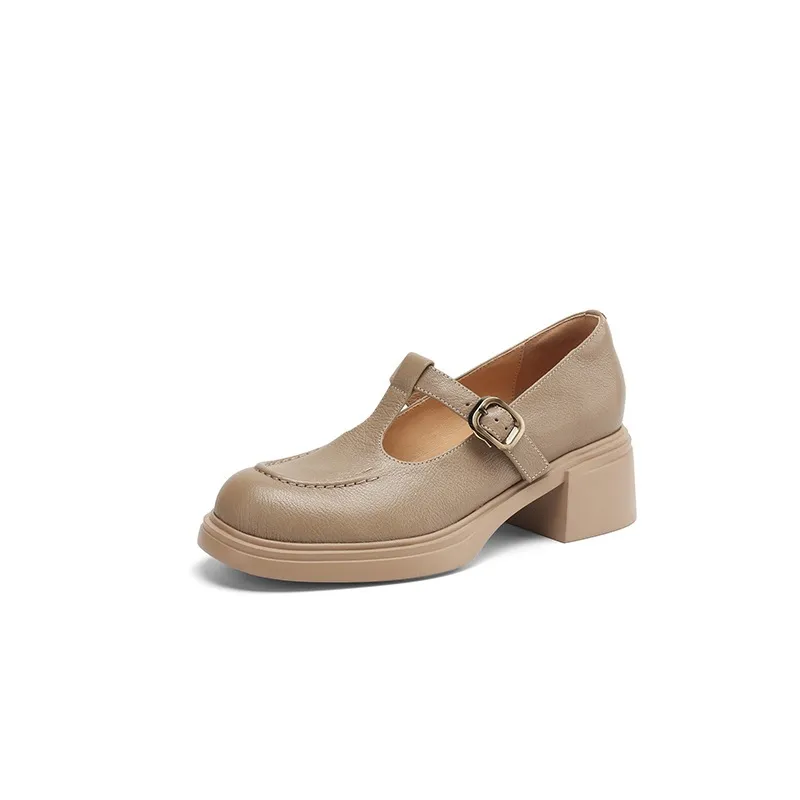 Spring/Summer Round Toe Platform Chunky Heel High-Heel Buckled Flats, Comfortable and Soft Lambskin Fashion Shoes