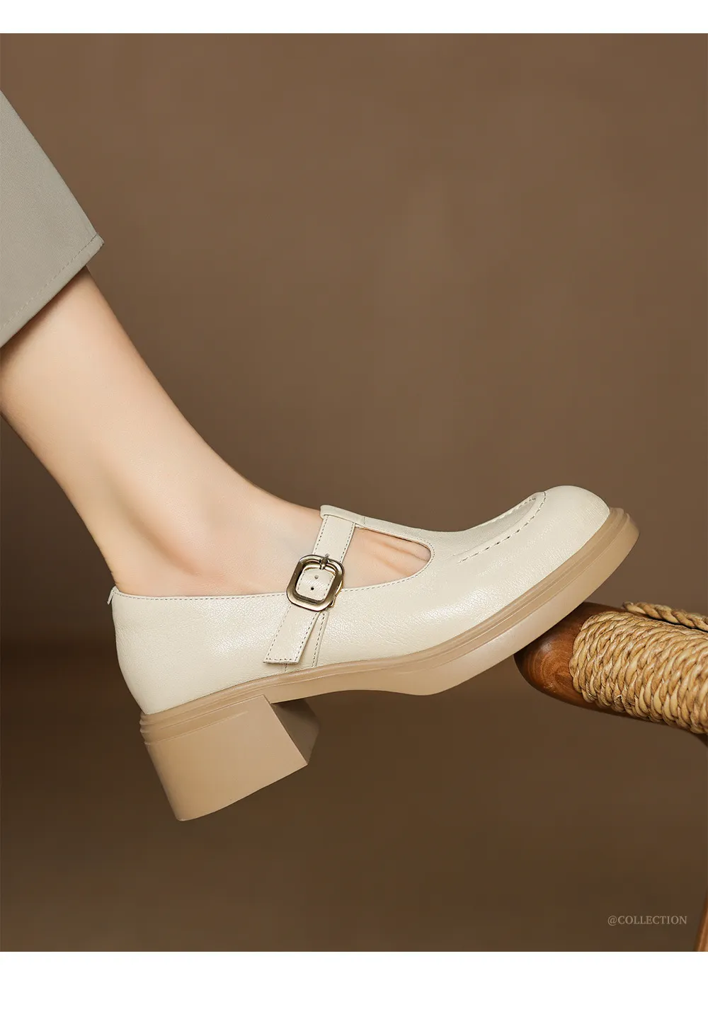 Spring/Summer Round Toe Platform Chunky Heel High-Heel Buckled Flats, Comfortable and Soft Lambskin Fashion Shoes