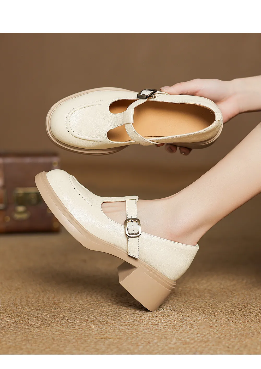Spring/Summer Round Toe Platform Chunky Heel High-Heel Buckled Flats, Comfortable and Soft Lambskin Fashion Shoes