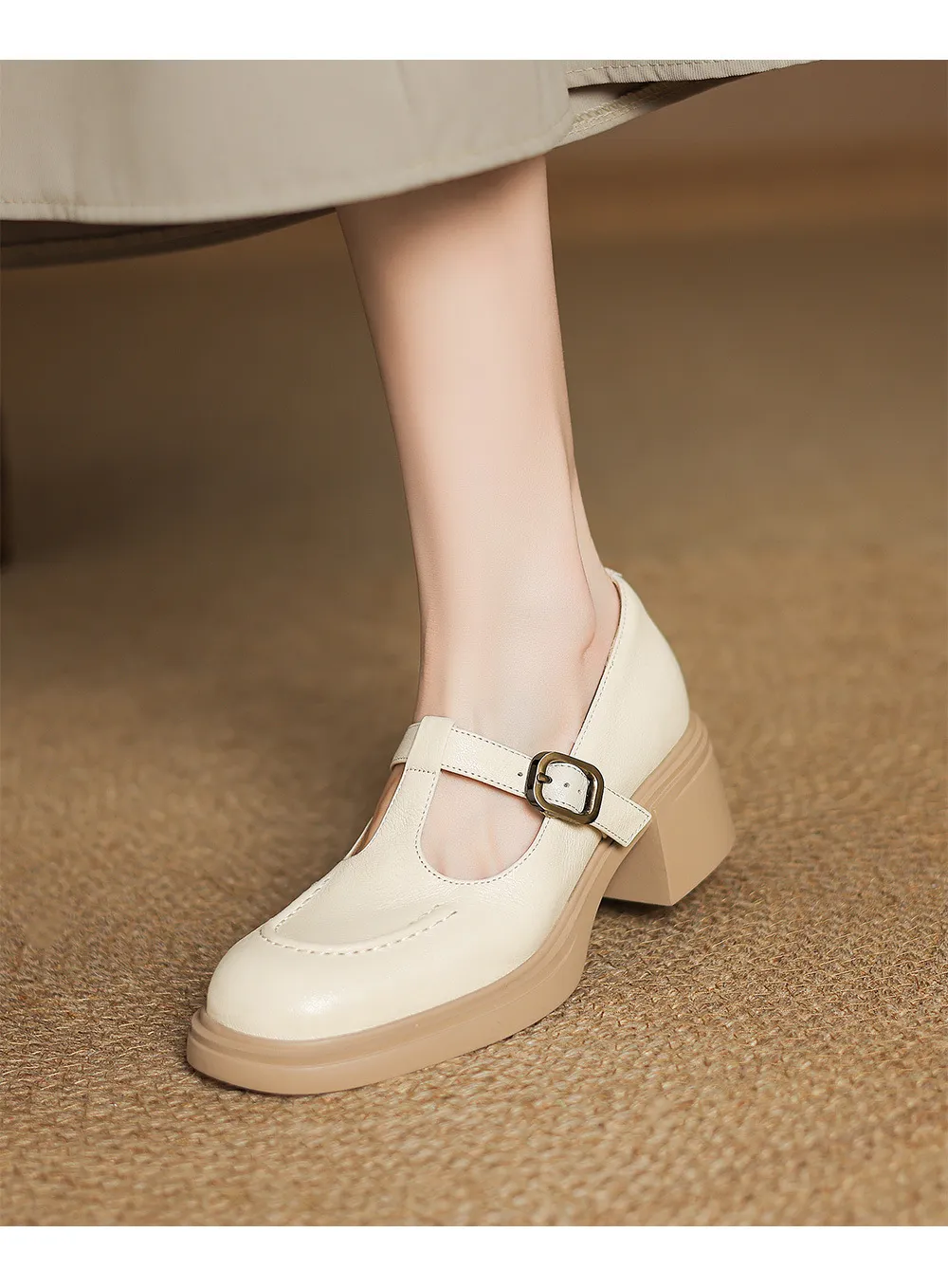 Spring/Summer Round Toe Platform Chunky Heel High-Heel Buckled Flats, Comfortable and Soft Lambskin Fashion Shoes