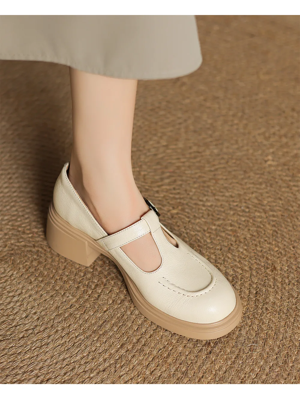 Spring/Summer Round Toe Platform Chunky Heel High-Heel Buckled Flats, Comfortable and Soft Lambskin Fashion Shoes