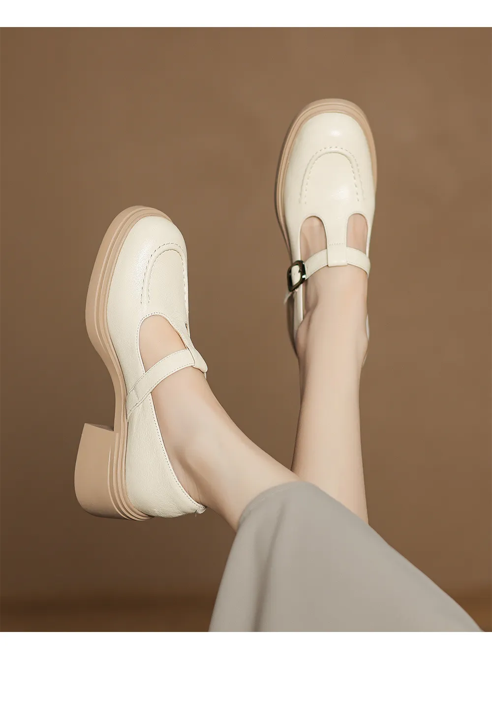 Spring/Summer Round Toe Platform Chunky Heel High-Heel Buckled Flats, Comfortable and Soft Lambskin Fashion Shoes