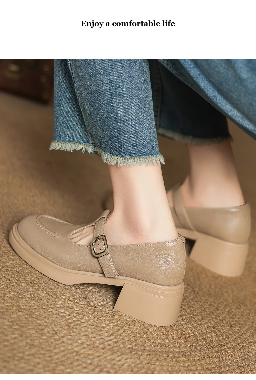 Spring/Summer Round Toe Platform Chunky Heel High-Heel Buckled Flats, Comfortable and Soft Lambskin Fashion Shoes