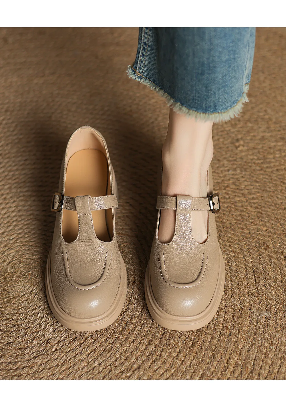 Spring/Summer Round Toe Platform Chunky Heel High-Heel Buckled Flats, Comfortable and Soft Lambskin Fashion Shoes