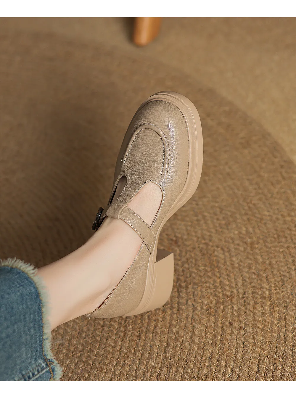 Spring/Summer Round Toe Platform Chunky Heel High-Heel Buckled Flats, Comfortable and Soft Lambskin Fashion Shoes