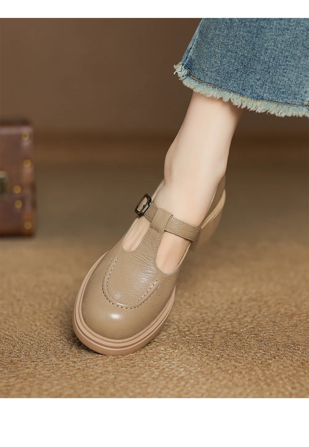 Spring/Summer Round Toe Platform Chunky Heel High-Heel Buckled Flats, Comfortable and Soft Lambskin Fashion Shoes