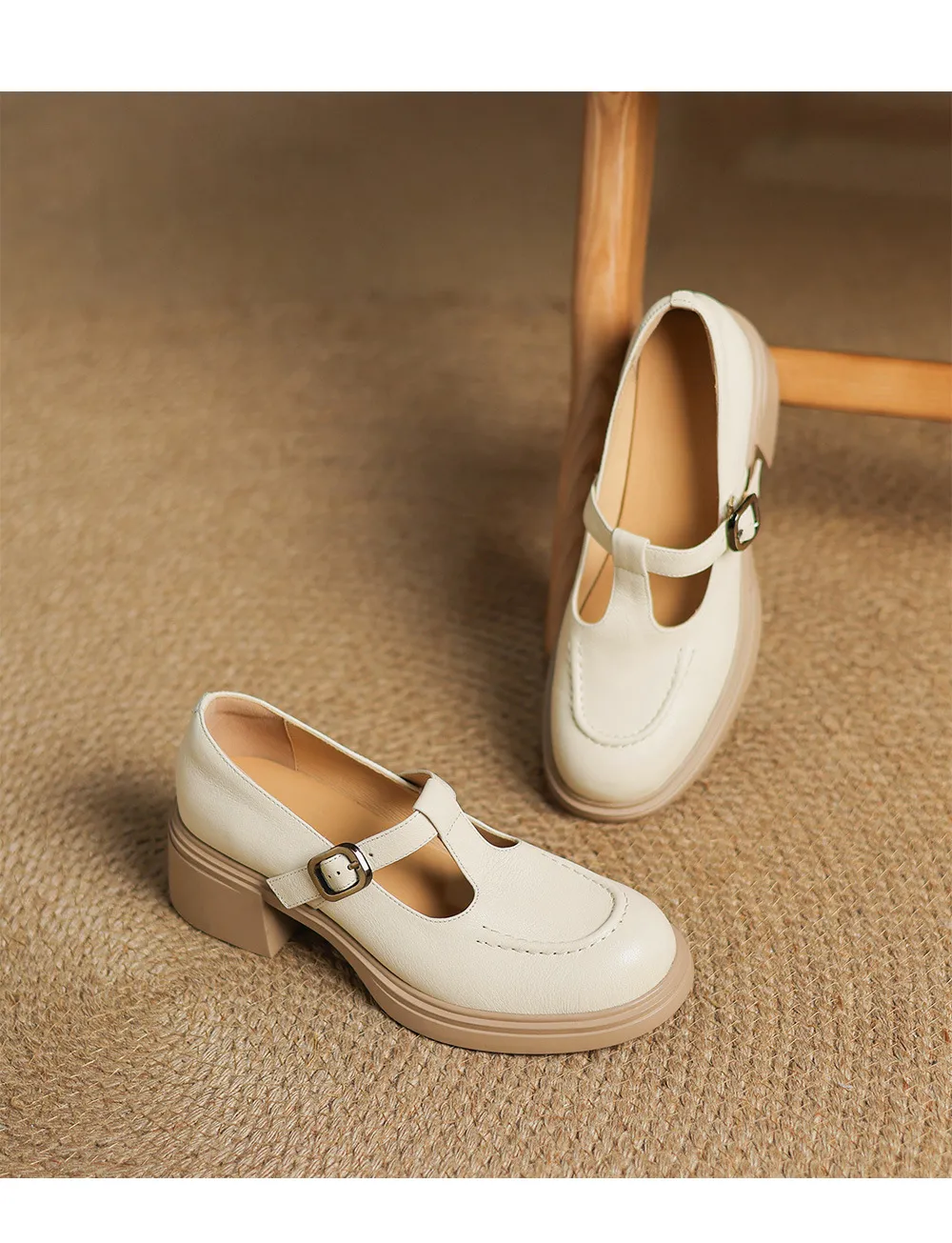 Spring/Summer Round Toe Platform Chunky Heel High-Heel Buckled Flats, Comfortable and Soft Lambskin Fashion Shoes