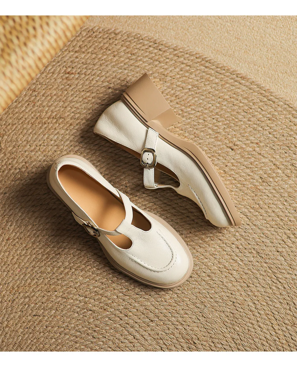 Spring/Summer Round Toe Platform Chunky Heel High-Heel Buckled Flats, Comfortable and Soft Lambskin Fashion Shoes