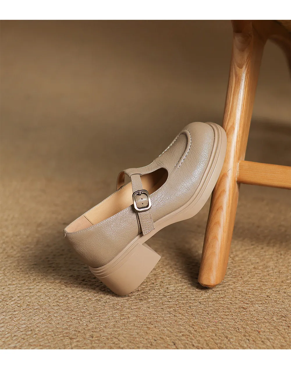 Spring/Summer Round Toe Platform Chunky Heel High-Heel Buckled Flats, Comfortable and Soft Lambskin Fashion Shoes