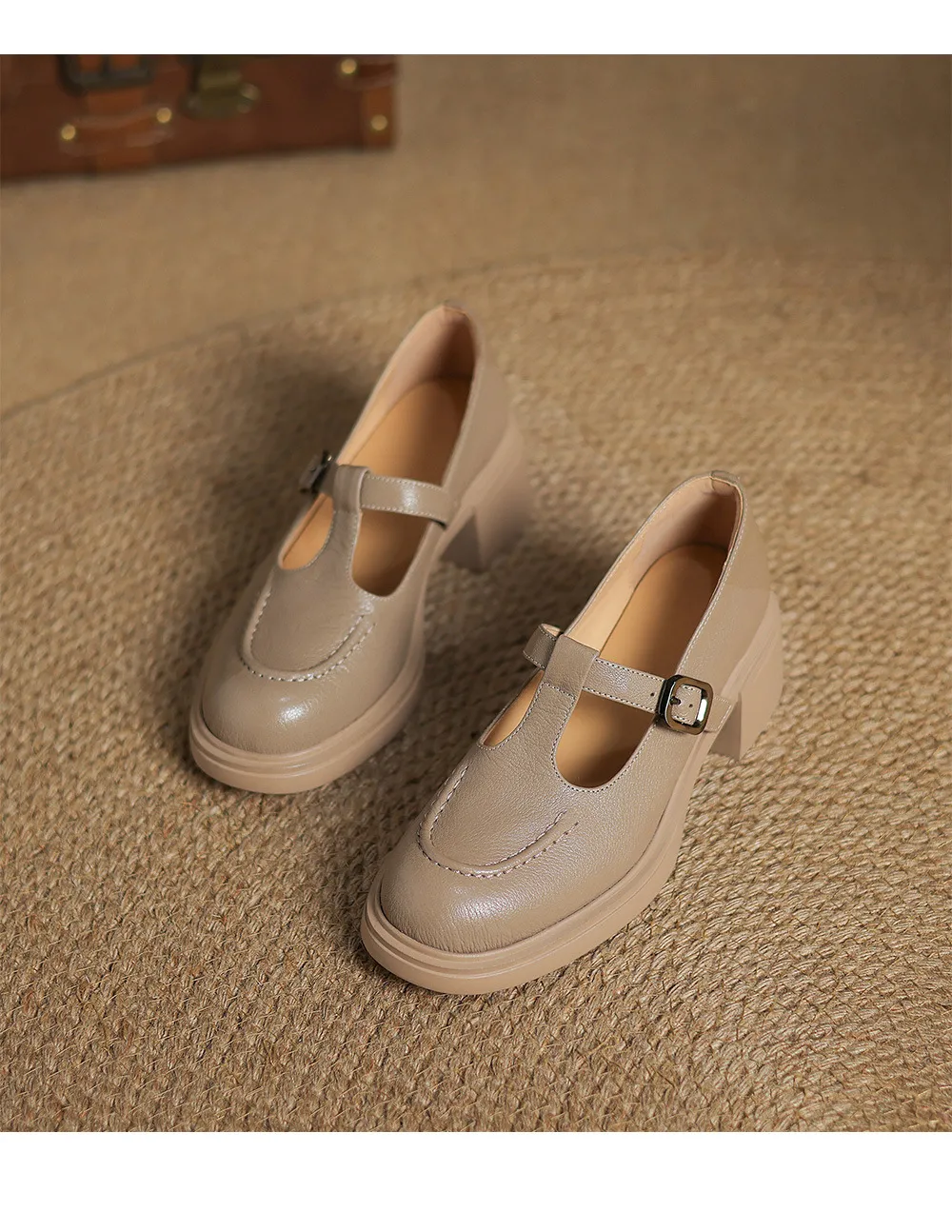 Spring/Summer Round Toe Platform Chunky Heel High-Heel Buckled Flats, Comfortable and Soft Lambskin Fashion Shoes
