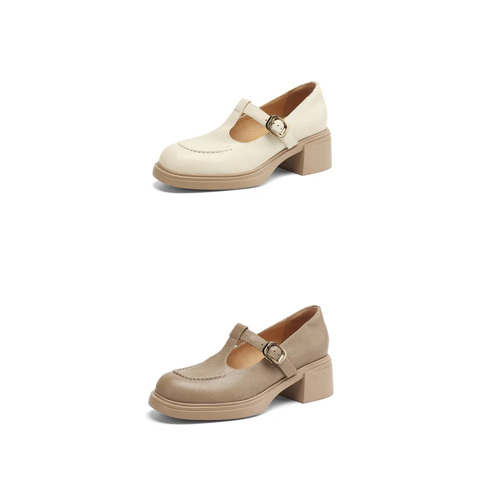 Spring/Summer Round Toe Platform Chunky Heel High-Heel Buckled Flats, Comfortable and Soft Lambskin Fashion Shoes