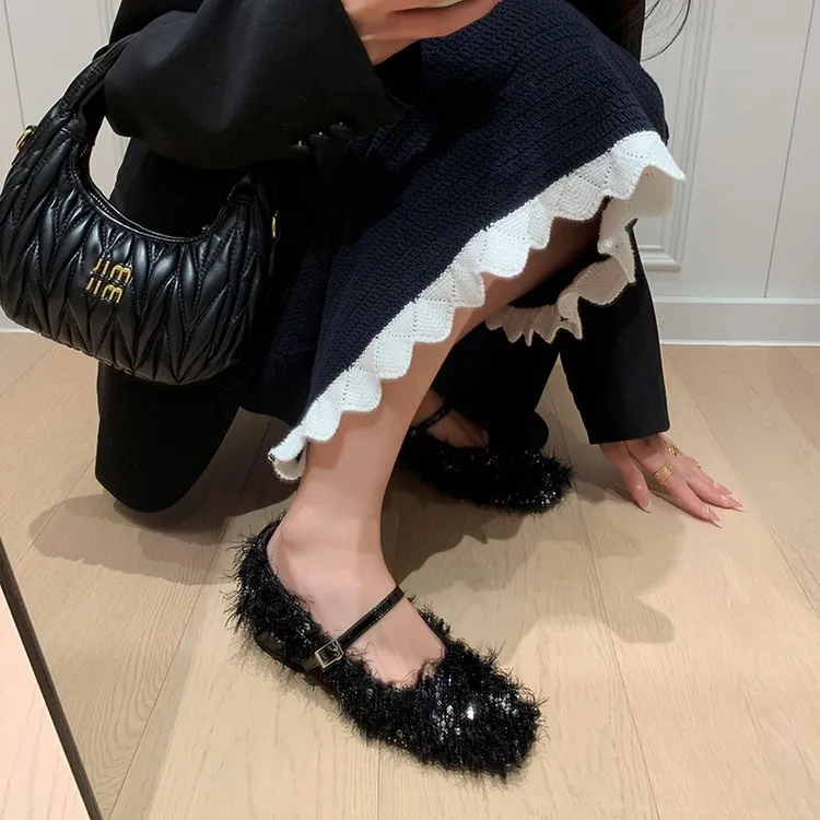Spring/Summer Square Toe Flat Shoes with Hook and Loop Design, Comfortable and Trendy Women's Shoes, Black and Gray