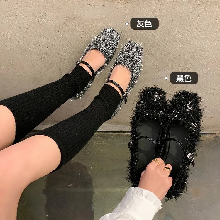 Spring/Summer Square Toe Flat Shoes with Hook and Loop Design, Comfortable and Trendy Women's Shoes, Black and Gray