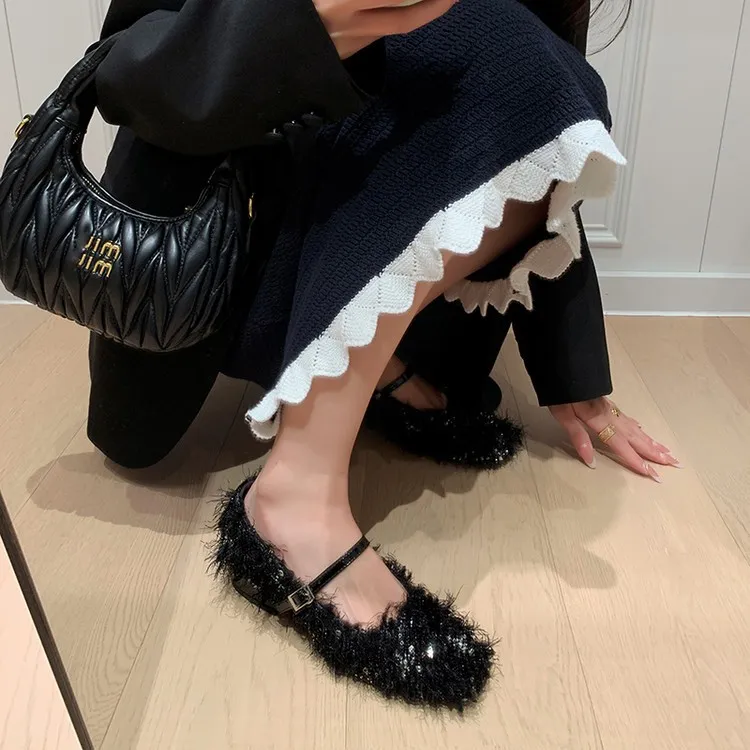 Spring/Summer Square Toe Flat Shoes with Hook and Loop Design, Comfortable and Trendy Women's Shoes, Black and Gray