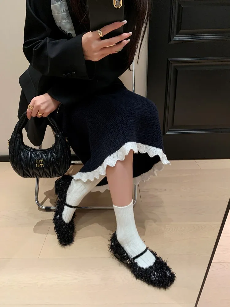 Spring/Summer Square Toe Flat Shoes with Hook and Loop Design, Comfortable and Trendy Women's Shoes, Black and Gray