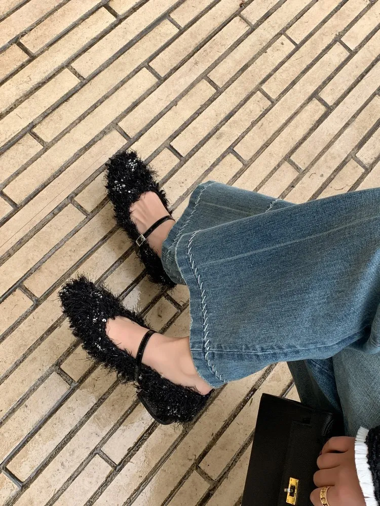 Spring/Summer Square Toe Flat Shoes with Hook and Loop Design, Comfortable and Trendy Women's Shoes, Black and Gray