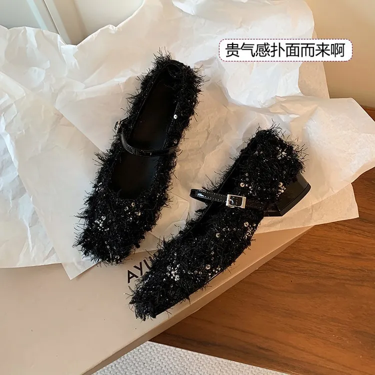 Spring/Summer Square Toe Flat Shoes with Hook and Loop Design, Comfortable and Trendy Women's Shoes, Black and Gray