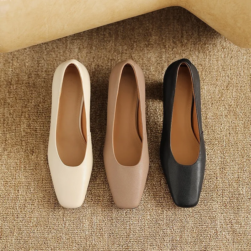 Spring/Summer Square Toe Chunky Heel High-Heeled Low-Cut Women's Fashion Shoes in Sheepskin, Black and Off-White