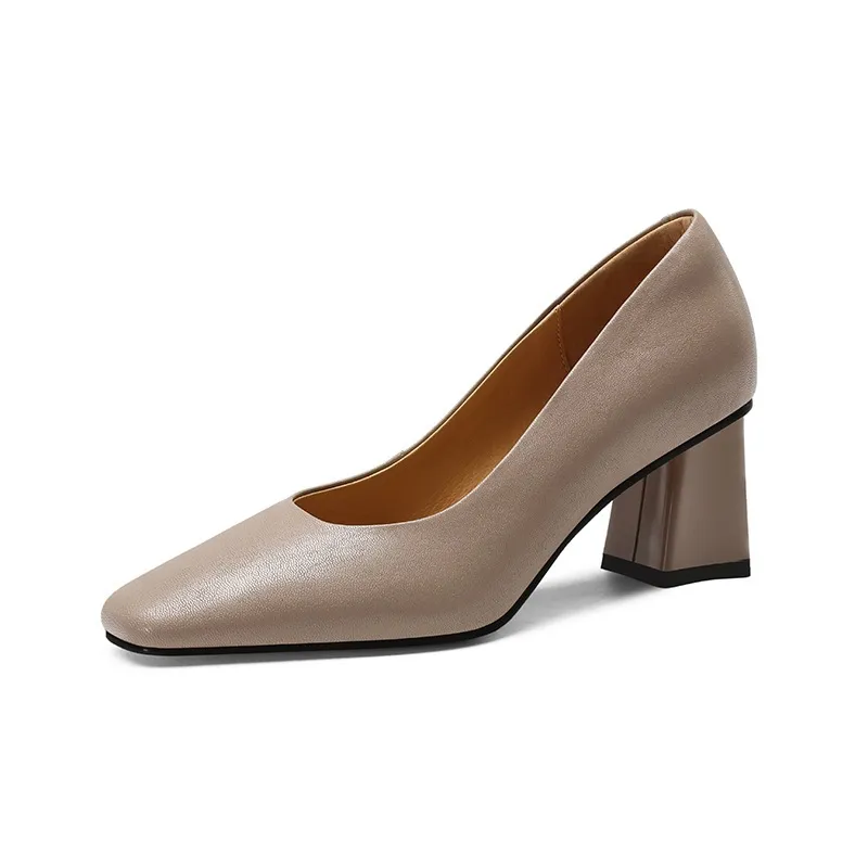 Spring/Summer Square Toe Chunky Heel High-Heeled Low-Cut Women's Fashion Shoes in Sheepskin, Black and Off-White
