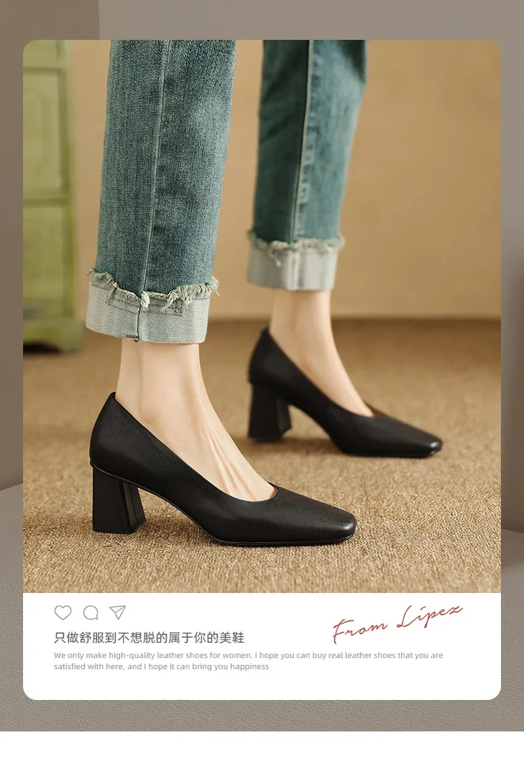 Spring/Summer Square Toe Chunky Heel High-Heeled Low-Cut Women's Fashion Shoes in Sheepskin, Black and Off-White