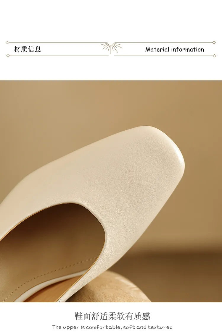 Spring/Summer Square Toe Chunky Heel High-Heeled Low-Cut Women's Fashion Shoes in Sheepskin, Black and Off-White