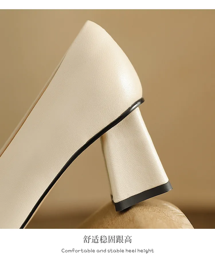 Spring/Summer Square Toe Chunky Heel High-Heeled Low-Cut Women's Fashion Shoes in Sheepskin, Black and Off-White