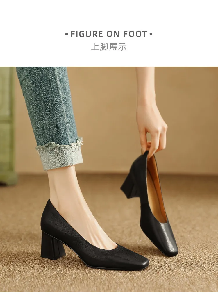 Spring/Summer Square Toe Chunky Heel High-Heeled Low-Cut Women's Fashion Shoes in Sheepskin, Black and Off-White