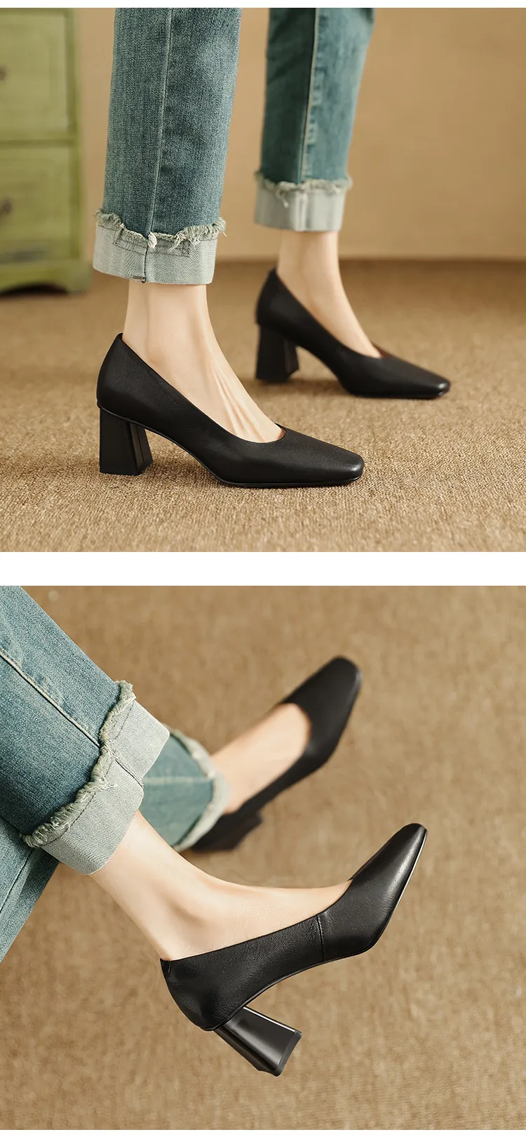 Spring/Summer Square Toe Chunky Heel High-Heeled Low-Cut Women's Fashion Shoes in Sheepskin, Black and Off-White