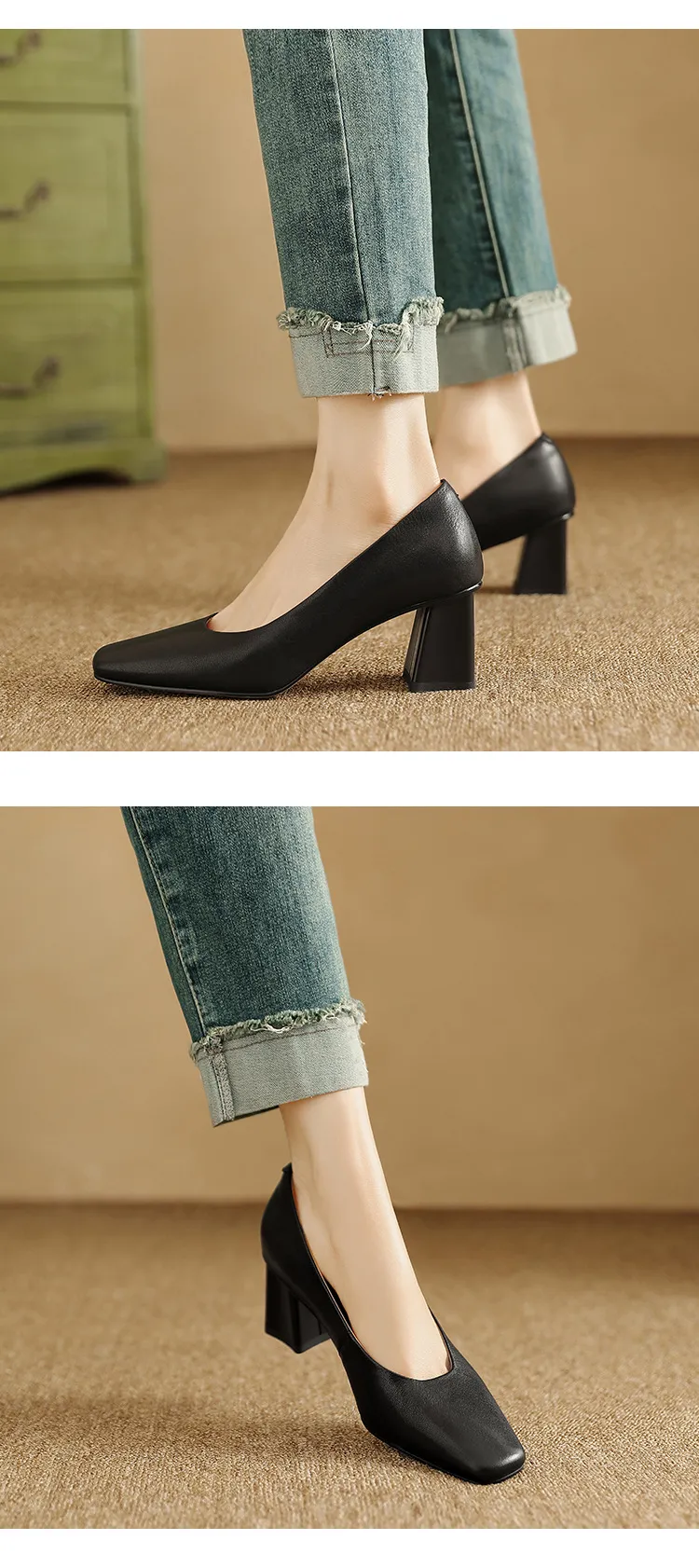 Spring/Summer Square Toe Chunky Heel High-Heeled Low-Cut Women's Fashion Shoes in Sheepskin, Black and Off-White