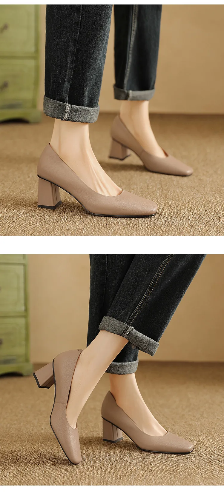 Spring/Summer Square Toe Chunky Heel High-Heeled Low-Cut Women's Fashion Shoes in Sheepskin, Black and Off-White